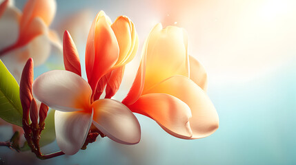 Vibrant tropical plumeria flowers buds bathed golden sunlight, showcasing their delicate petals peaceful beauty a soft blue background.
