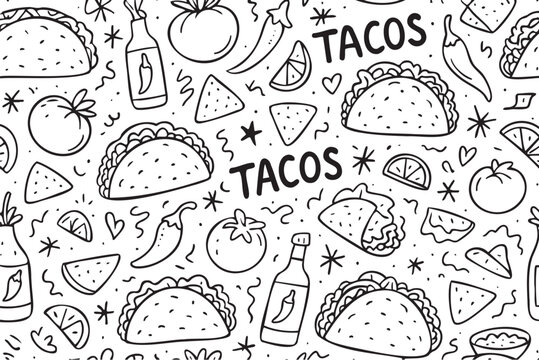Hand-drawn taco and chili pepper pattern with tomato and bottle. Vector doodle illustration