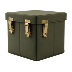 Robust, dark olive green heavy-duty canvas storage container with two tarnished brass clasps, isolated on a transparent background with soft shadows, concept of rugged utility and preparedness