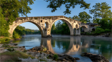 Fototapeta premium Ancient stone arch bridge majestically spans a tranquil, misty river, flanked lush green trees under a clear blue sky, evoking a serene timeless natural beauty.