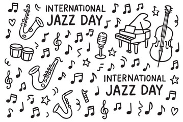 International jazz day celebration with musical instruments and notes. Vector doodle illustration