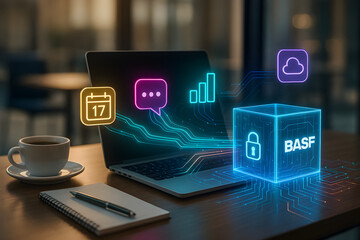 A laptop with a glowing cube on the screen that says BASF