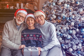 Portrait of cheerful grandparents with their grandson celebrating New Year near Christmas tree at home. Senior elderly old couple hugging kid child with presents gifts for winter holidays