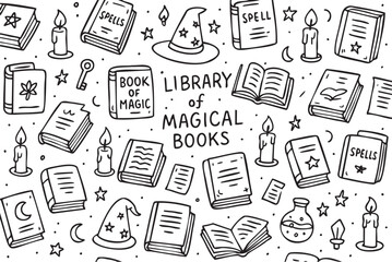 Library of magical books with spells and potions: enchanted witchcraft elements. Vector doodle illustration