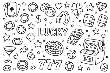 Fototapeta premium Lucky casino elements and symbols with dice, chips, and slot machine. Vector doodle illustration