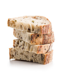 Photo of sliced ​​baked sourdough bread isolated on white background.