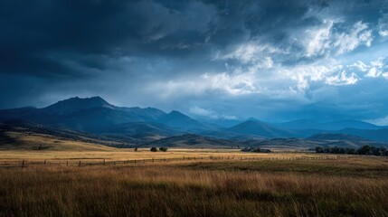 Fototapeta premium Wide landscape showing dark skies over grassy plains and mountains