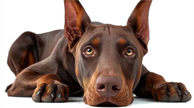 Red Doberman Pinscher Relaxing on White Background Perfect for PetThemed Projects, Inspiring Tranquility and Serenity.
