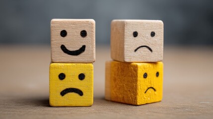 Two sets of wooden blocks are arranged on a surface. One set has smiley faces while the other set shows frowning faces creating a contrast in emotions.
