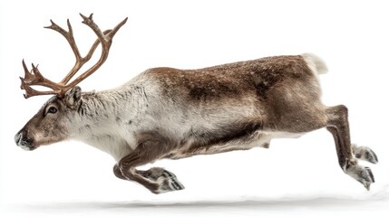 Vibrant Reindeer Leap Against an Isolated Snowy Backdrop Perfect for Holiday Campaigns, Inspiring Joy and Energy.