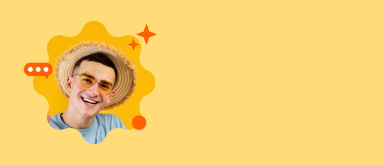 A young man is smiling brightly while wearing sunglasses and a straw hat. He appears cheerful and relaxed. The background features vibrant colors, emphasizing his joyful expression.