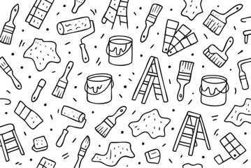 Seamless pattern with painting tools, ladders, brushes, and paint cans in monochrome design. Vector doodle illustration