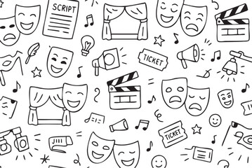 Theater and film doodle pattern with masks, megaphone, script, and tickets. Vector doodle illustration