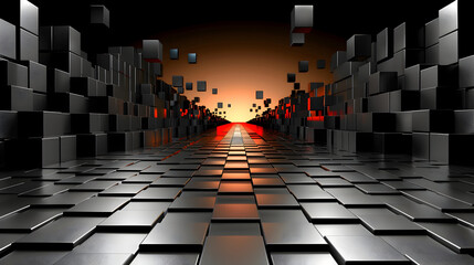 Dynamic abstract geometric cubes form a receding pathway leading a vibrant, glowing orange red horizon, suggesting data flow, technology, an immersive digital future.