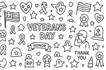 Veterans day celebration symbols including flags, ribbons, and memorials. Vector doodle illustration