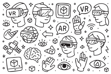 Virtual reality and augmented reality technology concept with diverse elements and characters. Vector doodle illustration