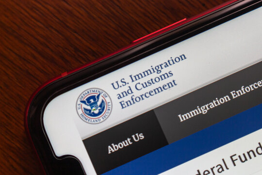 Quito, ECUADOR - Oct 6 2025 : U.S. Immigration and Customs Enforcement (ICE, a part of the Department of Homeland Security) logo on its website on smartphone screen.