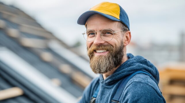 A smiling builder with a beard and glasses wears a cap while working on a roof. He is surrounded by roofing materials and the skyline of a city in the background showcasing a sunny day.