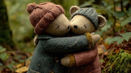 Cozy Moment in the Woodland Two Hugging Teddy Bears Under a Canopy of Fallen Leaves, Perfect for Emotional Branding Projects.