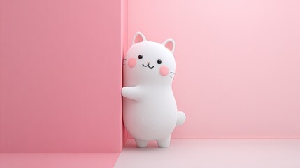 Animated white cat figure leaning against a pink wall background