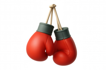 Red boxing gloves hanging together, symbolizing fight, training, sport, and martial arts in a vibrant 3d icon style