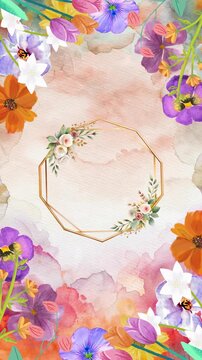 Floral frame watercolor background with vibrant flowers, perfect for invitations and greetings, featuring a delicate golden geometric frame surrounded by colorful blossoms