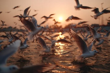 Seagulls flying and taking off from water at sunset