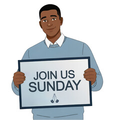 Join Us Sunday, African American pastor holding sign for online church invitation and worship announcement