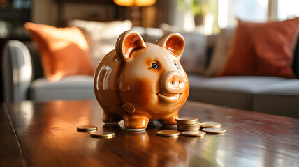 Golden Piggy Bank on Wooden Table surrounded by Coins representing Savings and Financial Planning for Future Investment Goals