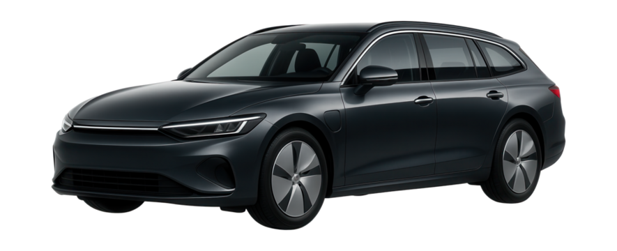 Aerodynamic hybrid station wagon featuring wheel covers and a charging port.