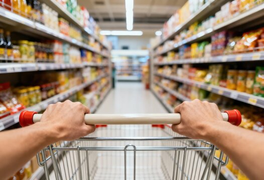 POV shot of hands pushing a shopping cart down a blurred grocery store aisle filled with stocked shelves.