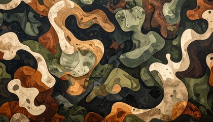 An abstract composition of interlocking curved shapes in earthy tones