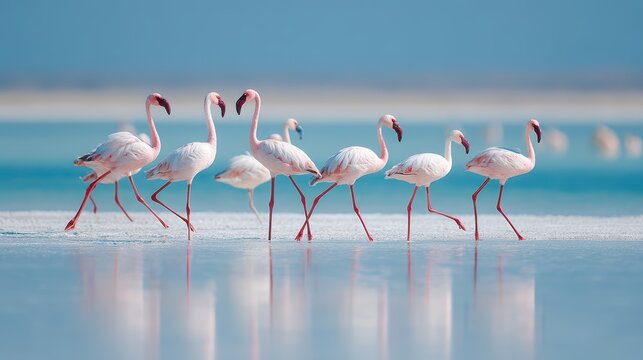 Stunning Group of Pink African F Ecf E Eafae Birds Strolling on a SunKissed Beach, Ideal for Vibrant Marketing Campaigns Inspires Excitement and Energy.