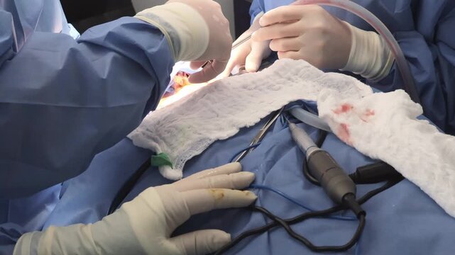 Close-up of surgeons hands performing an oral surgery procedure. Surgical instruments and blood-stained gauze highlight the intensity and realism of a live medical operation. The image emphasizes team