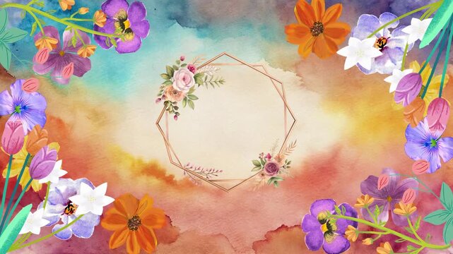 Watercolor floral frame with vibrant flowers and golden geometric accents, ideal for invitations and greetings, showcasing a blend of colors and natural beauty