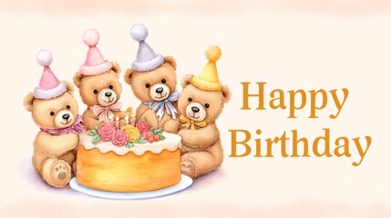 Obraz premium Teddy bears celebrating birthday with cake and party hats