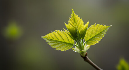 Spring leaf sprouting with fresh light green color, symbolizing growth and renewal, realistic texture