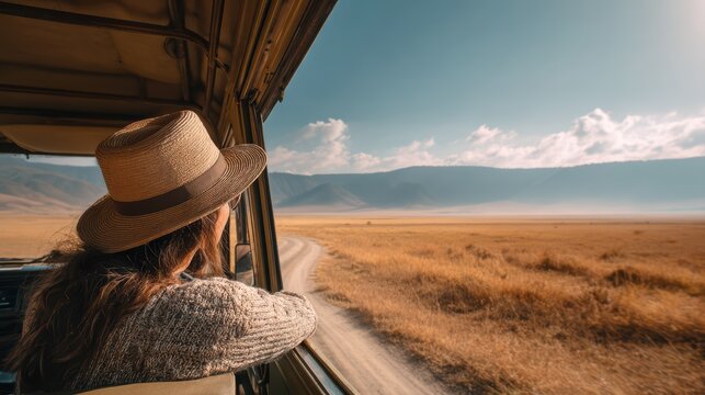 African Safari Tour Woman Admiring Vast Savannah Plains, Traveling On Expedition Fdf Bda Eaa Perfect for AdventureFocused Projects, Inspires Wanderlust and Awe.