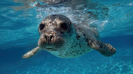 Young African Seal Swimming Gracefully in CrystalClear Ocean Waters Perfect for Conservation Campaigns, Inspiring Tranquility and Awareness.