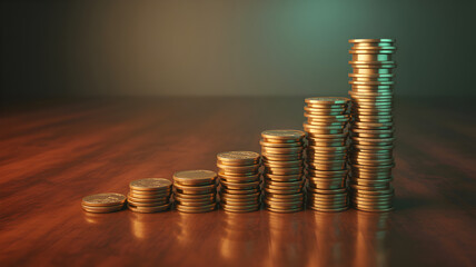 Rising stacks of coins represent financial growth and achievement concept