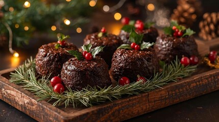 Mini Christmas Puddings on Wooden Tray with Holly Decoration