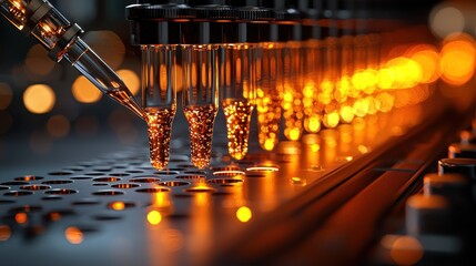 Automated lab testing Liquid dispensing,  glowing background, scientific research.