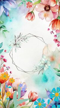 A vibrant watercolor floral frame with a geometric silver border, showcasing a colorful array of blossoms in pink, orange, blue, and purple, set against a soft, dreamy background
