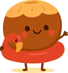 Adorable coconut character with a pink flamingo swim ring. Vector cartoon illustration isolated on transparent background. Fun tropical summer illustration.