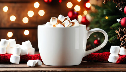 White ceramic mug on a wooden table with Christmas decor around, marshmallows inside, copy space above for logo or slogan, cozy warm tones