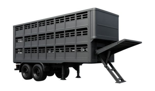 Two-level cattle transporter featuring ventilation openings and a hydraulic lift.