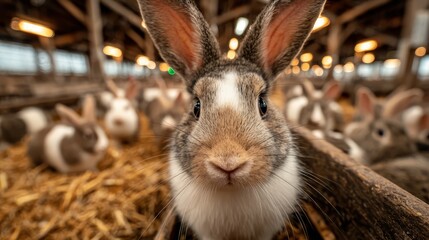 Obraz premium Rabbit with distinctive markings stands prominently in a barn filled with straw, surrounded by other rabbits, showcasing the essence of animal husbandry and farming practices