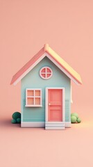 Cute pastel house with a pink door and window.