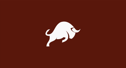 Dynamic and powerful charging bull logo concept. Clean and modern white bison icon isolated on a solid dark red backdrop, symbolizing strength and finance