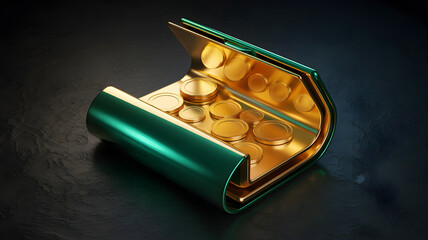 Gold and green minimalist wallet with coins on black surface
